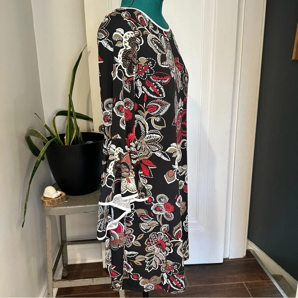 MSK Black Floral Midi Dress with Red and Cream Accents